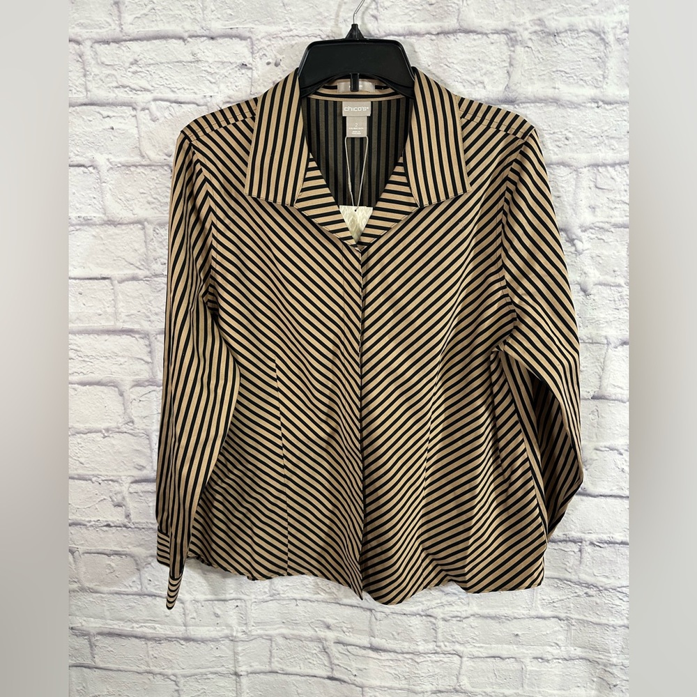 Chico’s Women’s No-Iron Sateen Striped Wing-Collar Shirt Gold/Black Size L/2 NWT